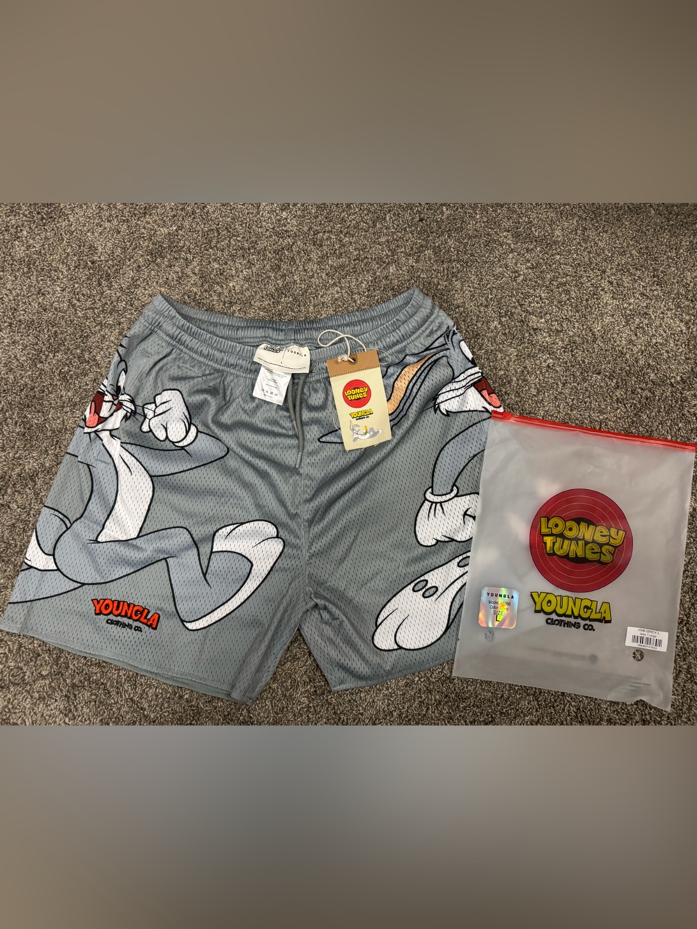 YoungLA Grey Looney Tunes Bugs Bunny Graphic Mesh Shorts